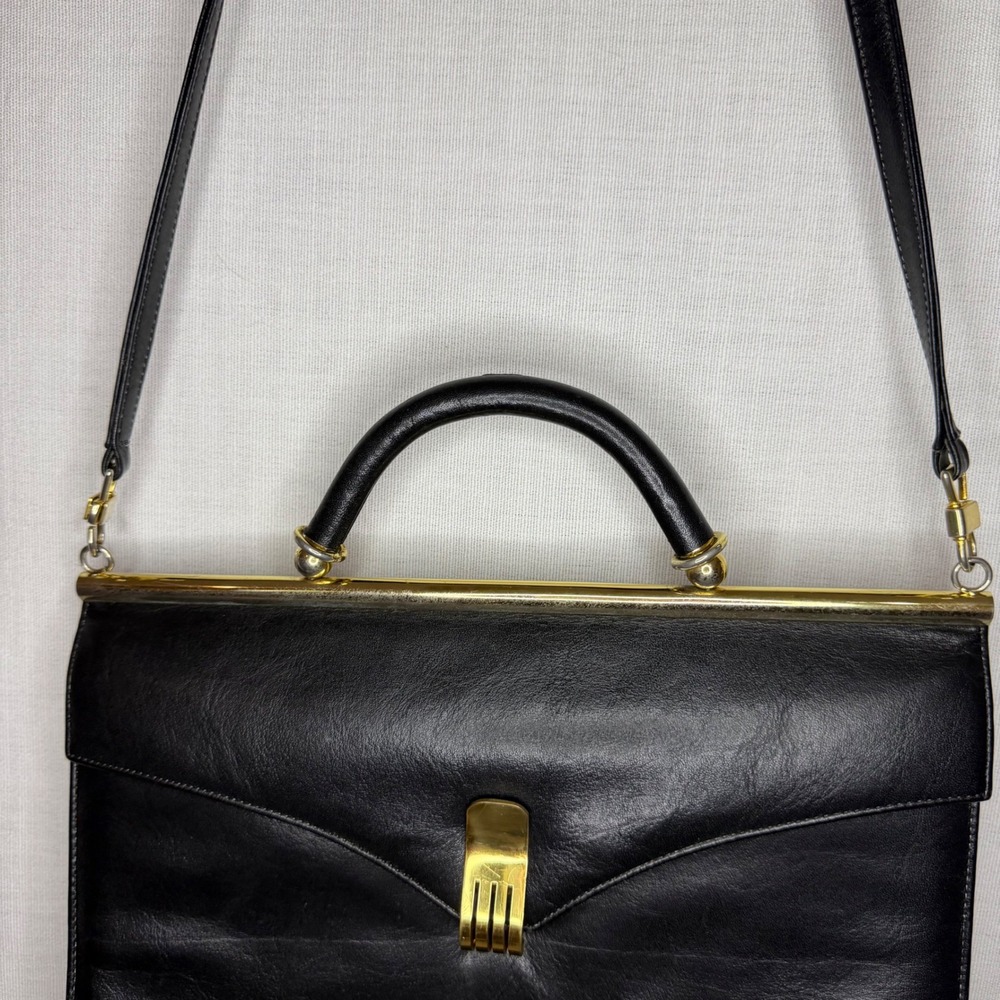 Vintage Black Leather Frame Handbag Gold Hardware Top Handle Shoulder Bag - Picture 7 of 12